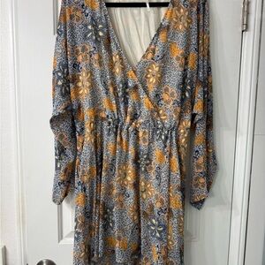 Free People Long Sleeve V Neck Floral Mini Dress Large